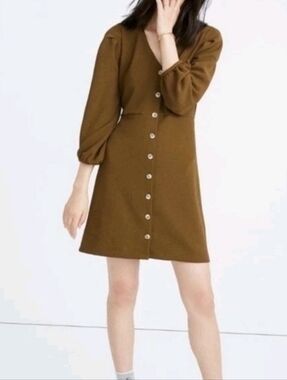 Madewell Texture & Thread Crepe Button Down Balloon Sleeve Dress Size XS Olive.